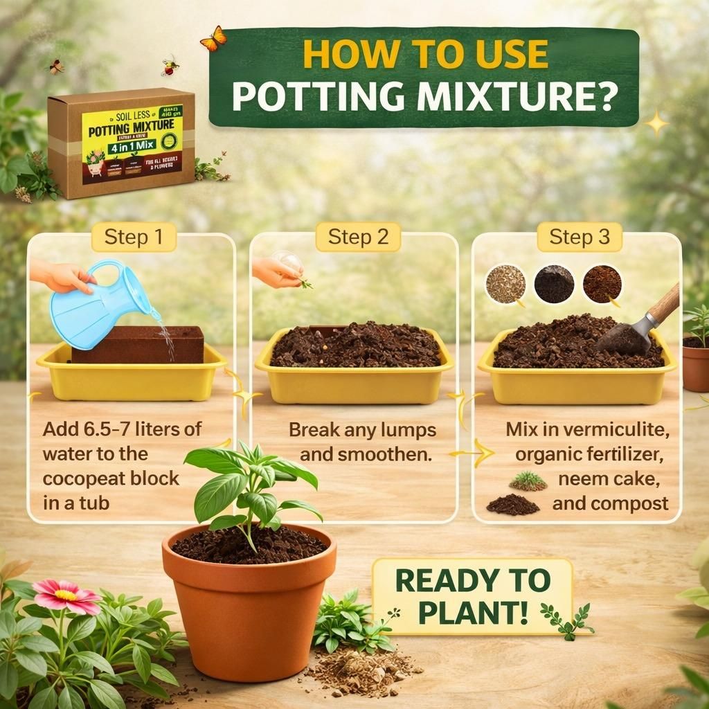 4-in-1 Soil Less Potting Mixture - Cocopeat, Vermiculite, Neem Khad, Organic Plant Food (100gm Each) (4 Packets)